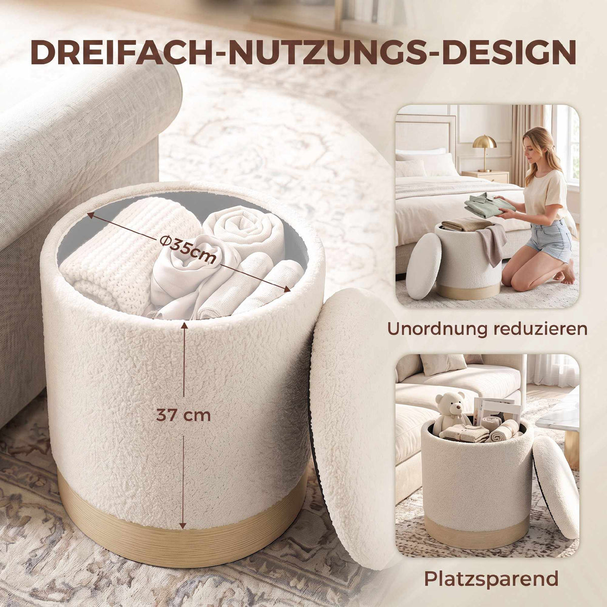 Cream Sherpa Storage Ottoman with Metal Base, 38 cm