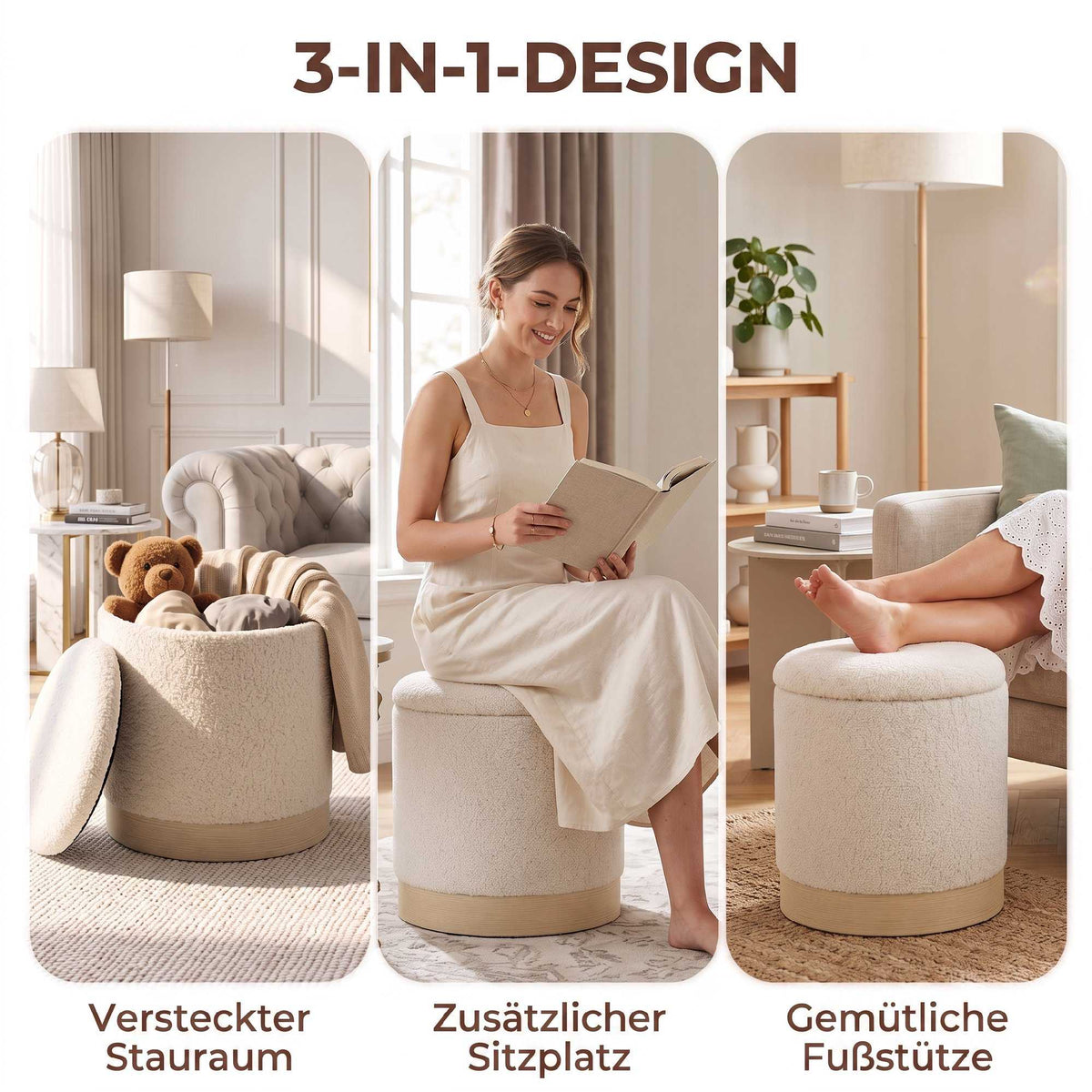 Cream Sherpa Storage Ottoman with Metal Base, 38 cm