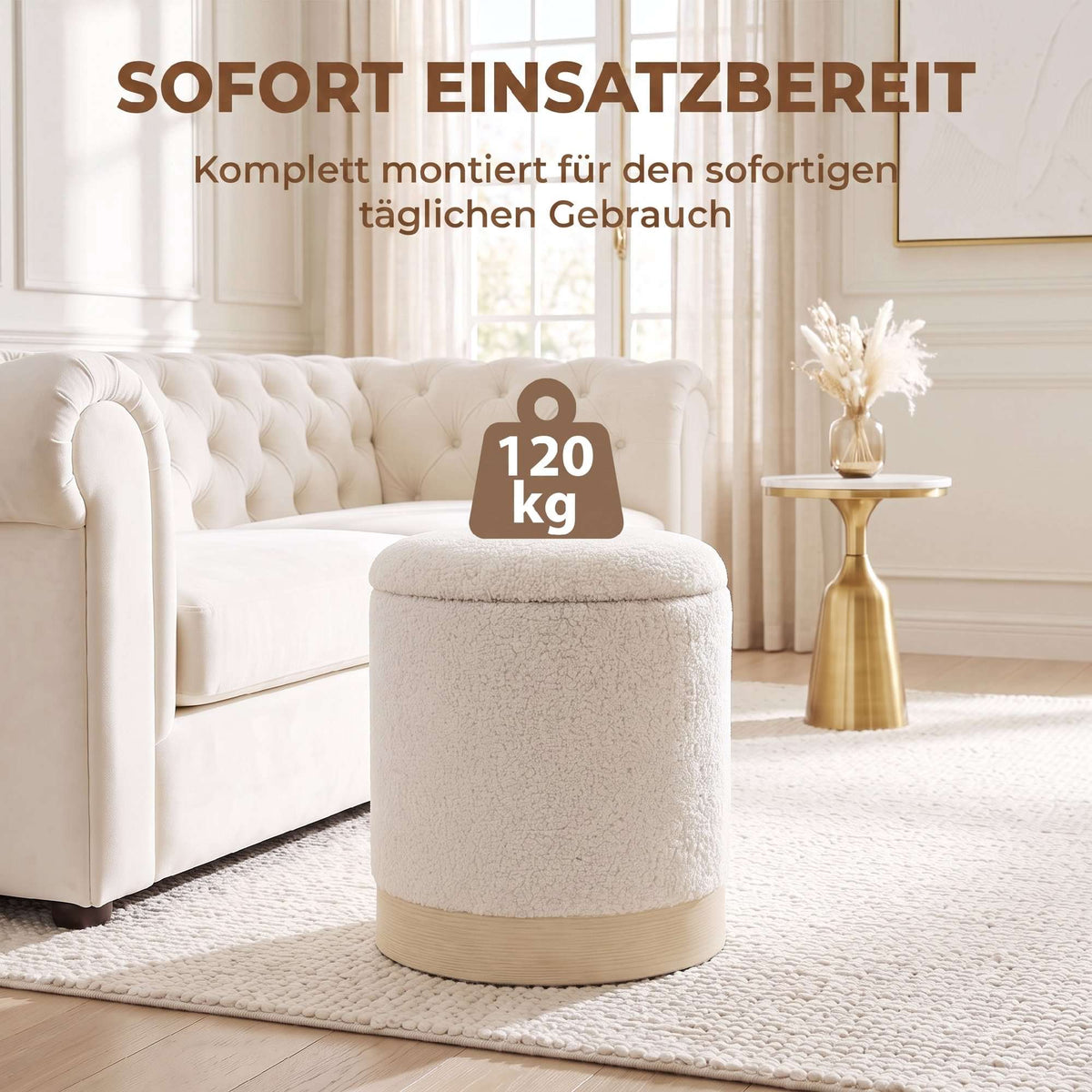 Cream Sherpa Storage Ottoman with Metal Base, 38 cm