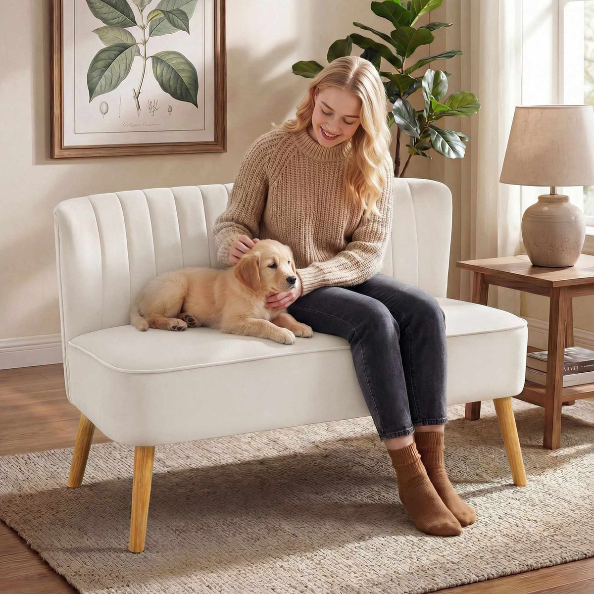 Cream White 2-Seater Sofa, Durable Fabric, Wood Legs