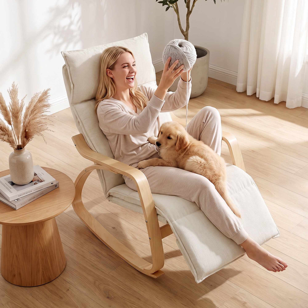 Cream White Rocking Chair with Adjustable Footrest
