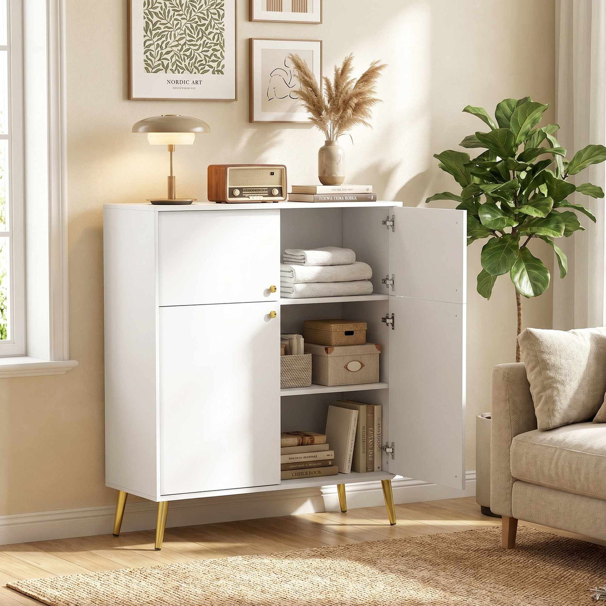 Cream White Sideboard with Gold Accents, 105.4 cm