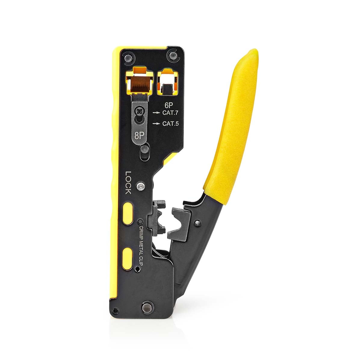 Crimping pliers | CAT5 / CAT5e / CAT6 / CAT6a / CAT7 / RJ12 / RJ45 | Cutting / Stripping / Pliers | Rubber / Steel | Yellow / Black