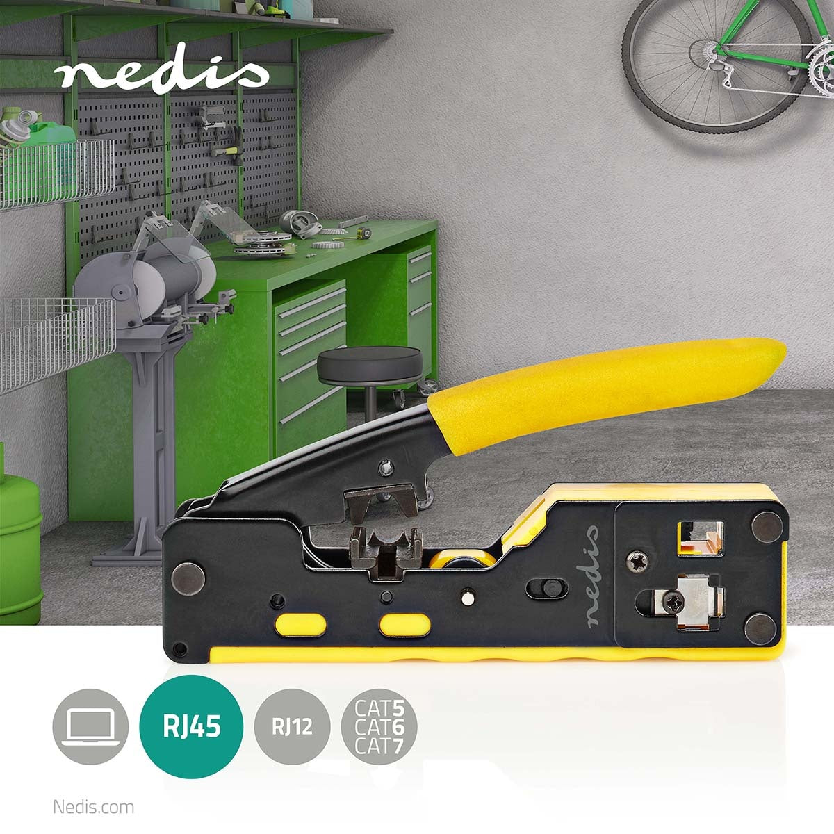 Crimping pliers | CAT5 / CAT5e / CAT6 / CAT6a / CAT7 / RJ12 / RJ45 | Cutting / Stripping / Pliers | Rubber / Steel | Yellow / Black