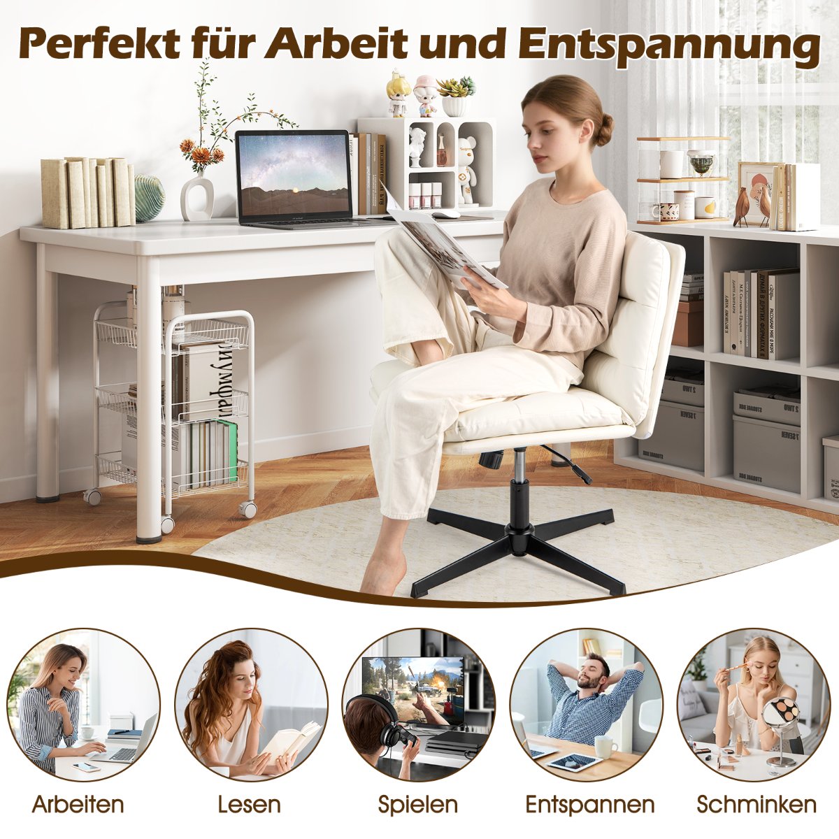 Cross-Legged Office Chair, Adjustable Height, White
