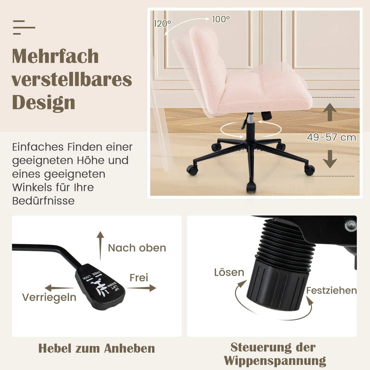 Cross-Legged Office Chair with Wheels, Pink, Adjustable Height