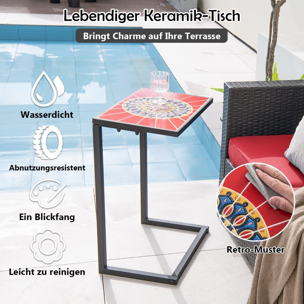 C-shaped side table sofa table with metal frame patio table 46.5 x 32 x 65.5 cm black + red