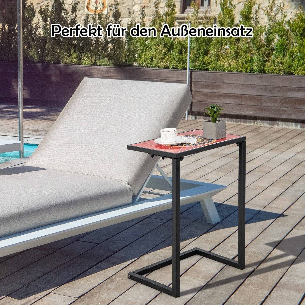 C-shaped side table sofa table with metal frame patio table 46.5 x 32 x 65.5 cm black + red