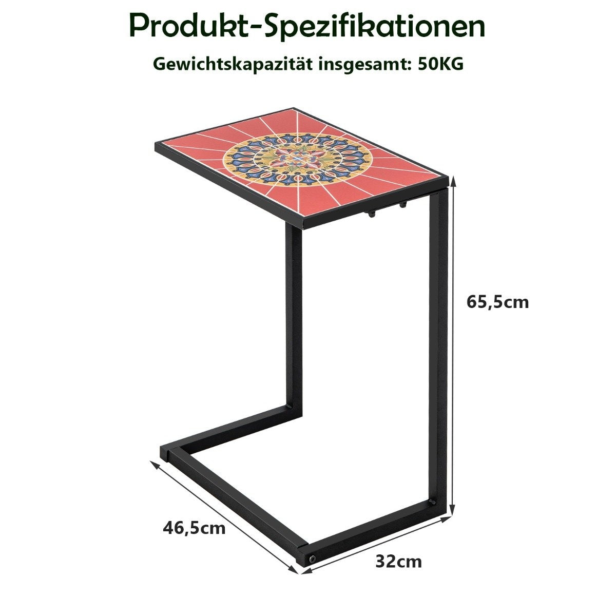 C-shaped side table sofa table with metal frame patio table 46.5 x 32 x 65.5 cm black + red