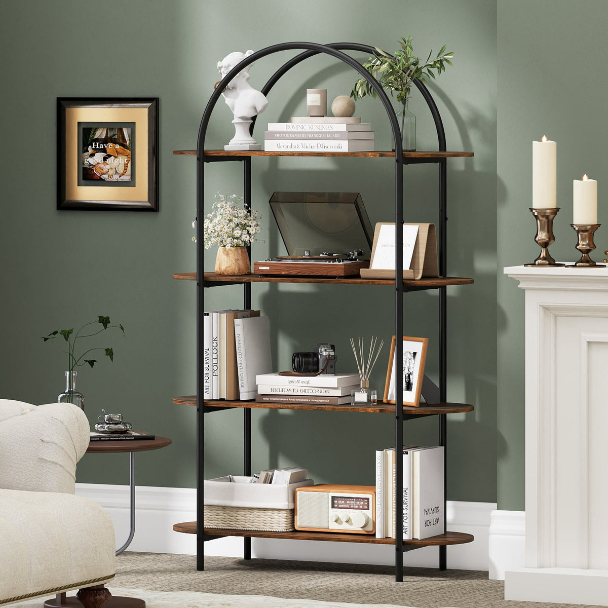 Curved 4-Tier Bookshelf with Metal Frame and Wood Shelves
