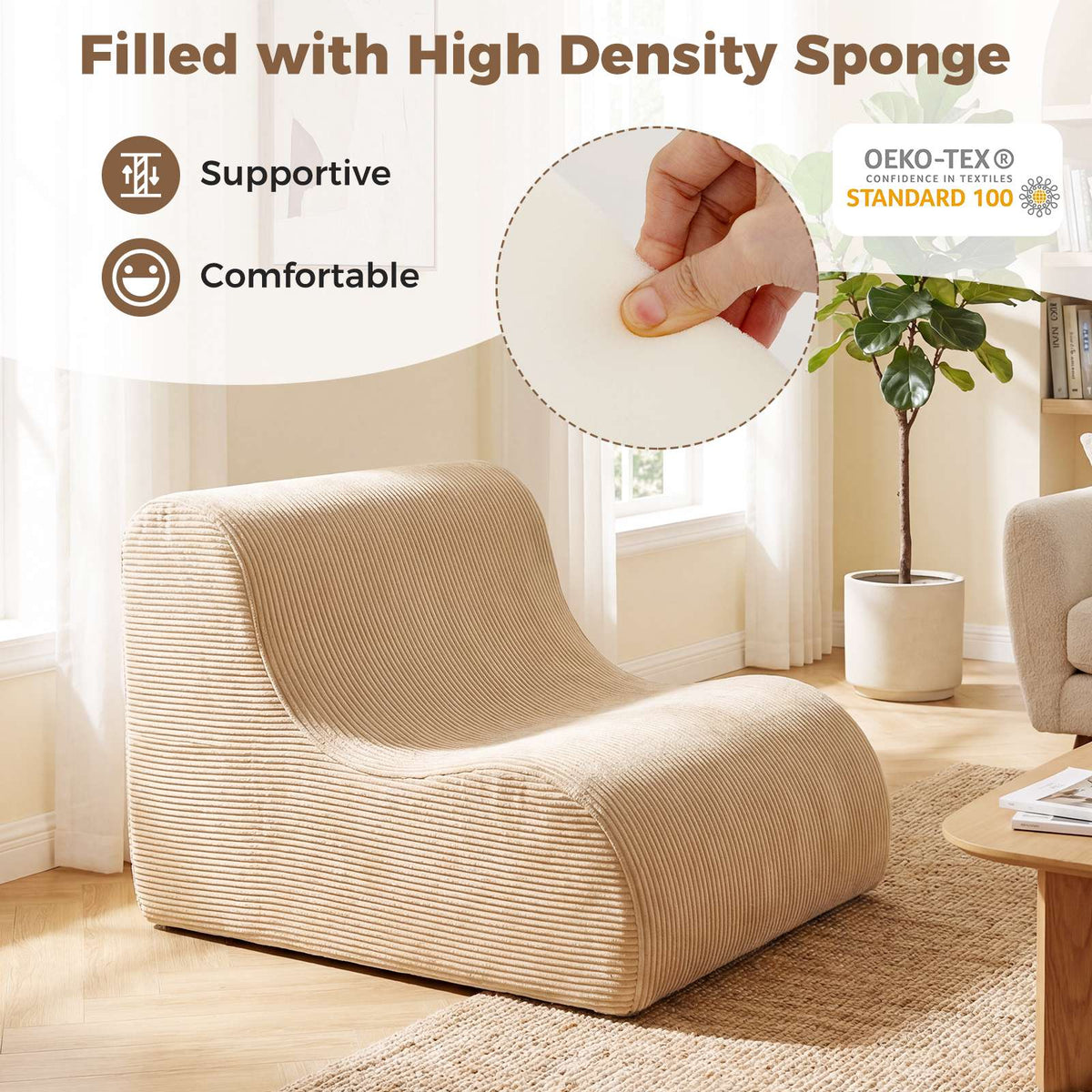 Curved Floor Sofa, Machine-Washable Cover, Beige