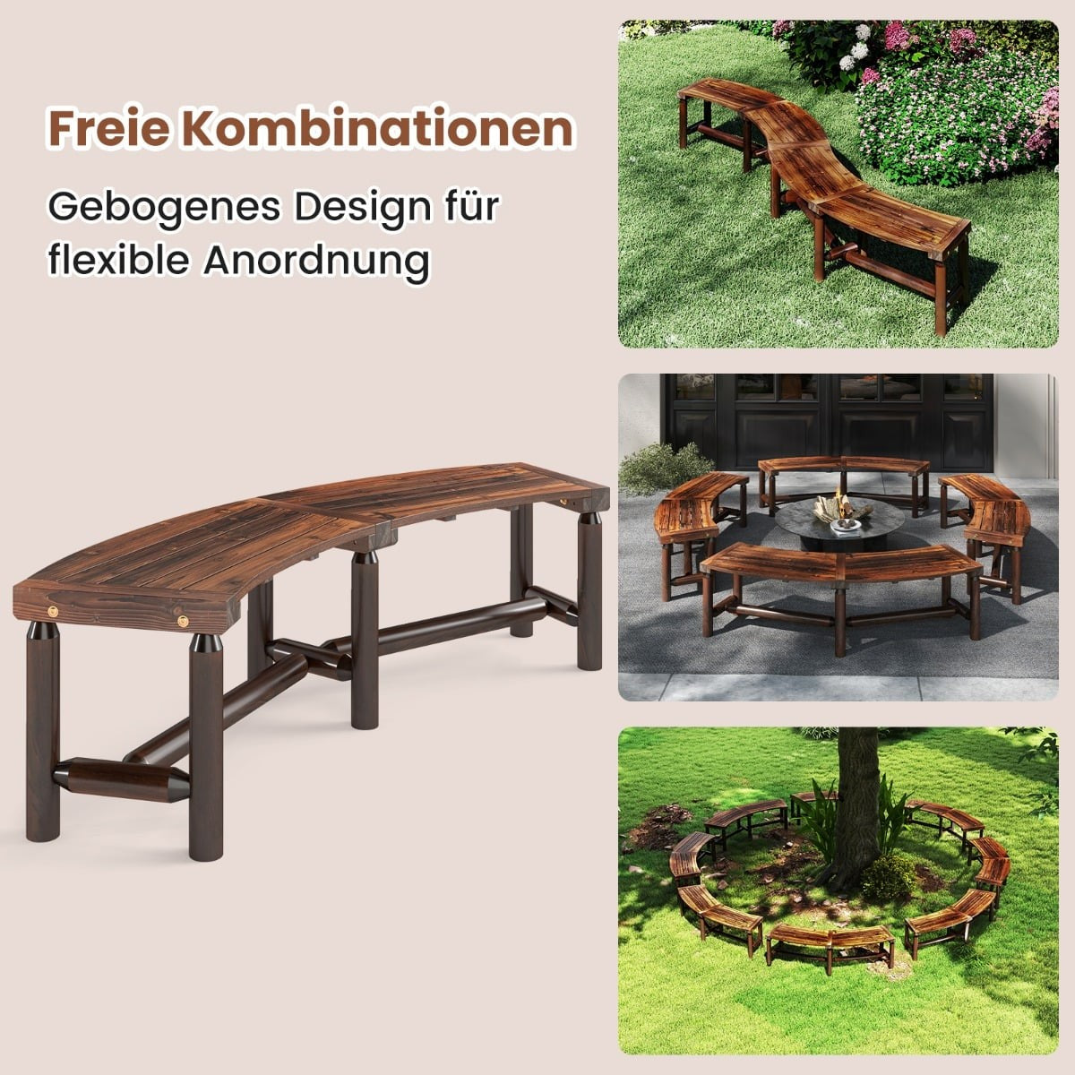 Curved Outdoor Wooden Bench for 2-3 People, 170 cm