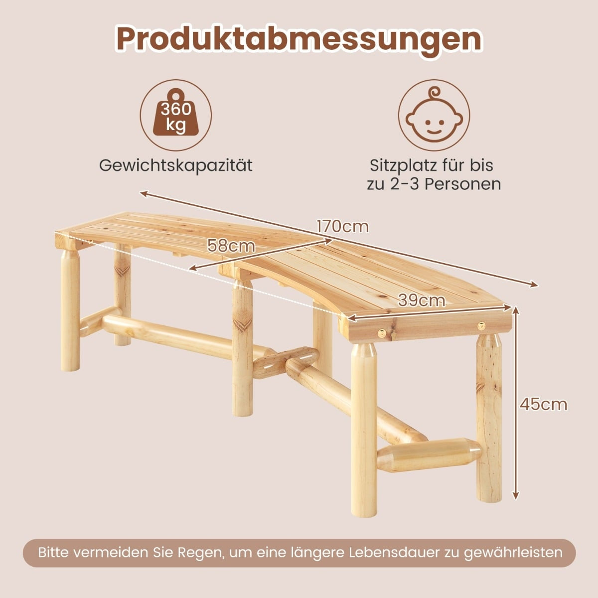 Curved Outdoor Wooden Bench for 2-3 People, 170 cm