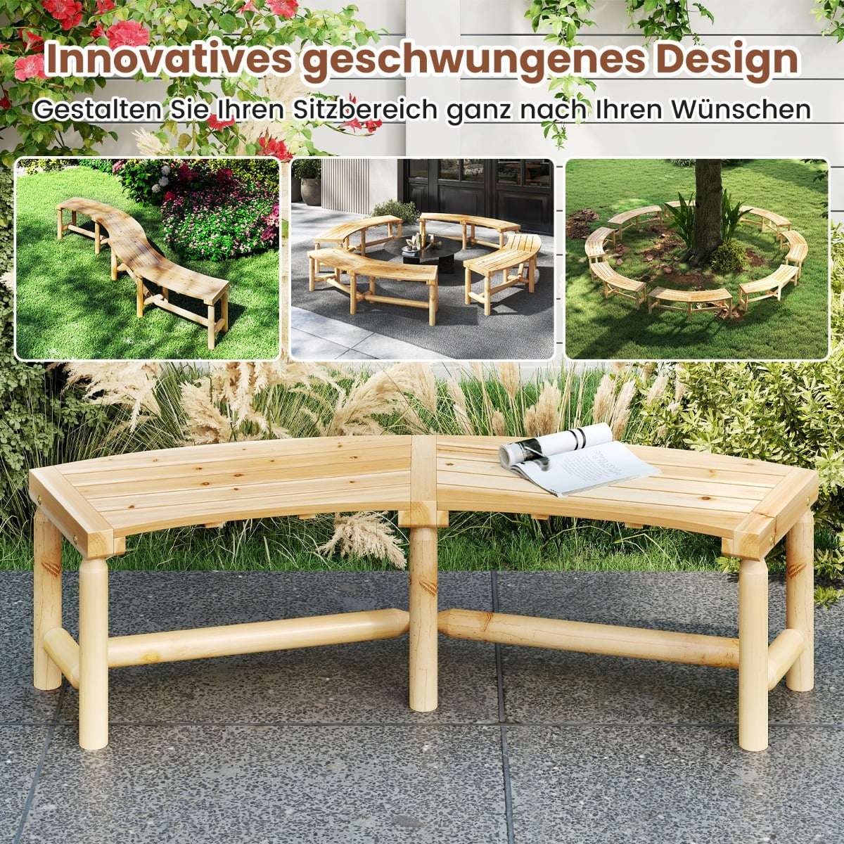 Curved Outdoor Wooden Bench for 2-3 People, 170 cm