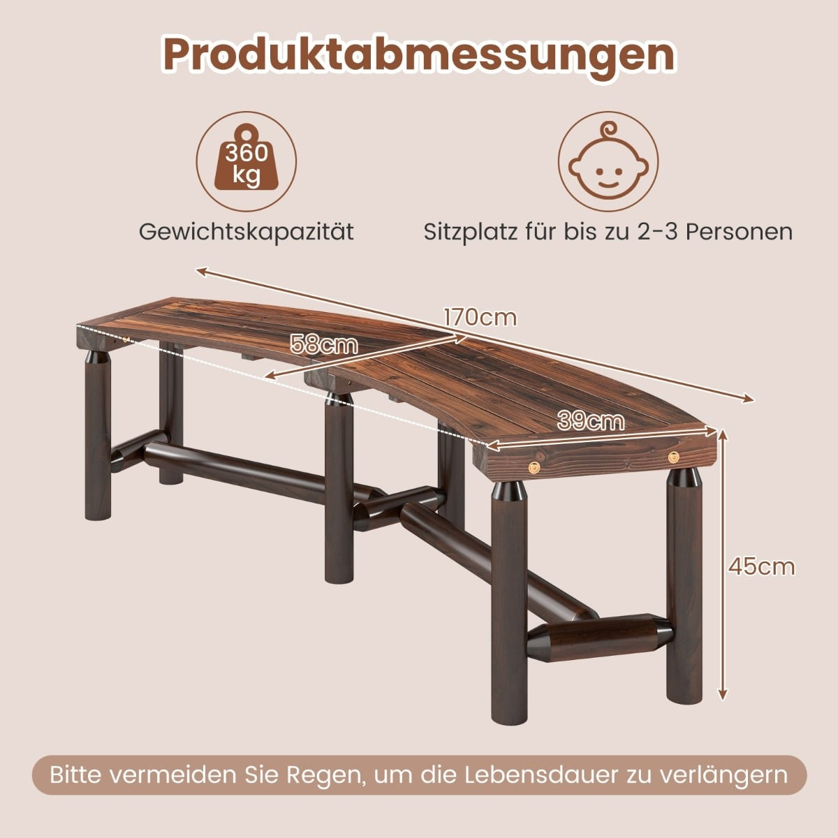 Curved Outdoor Wooden Bench for 2-3 People, 170 cm