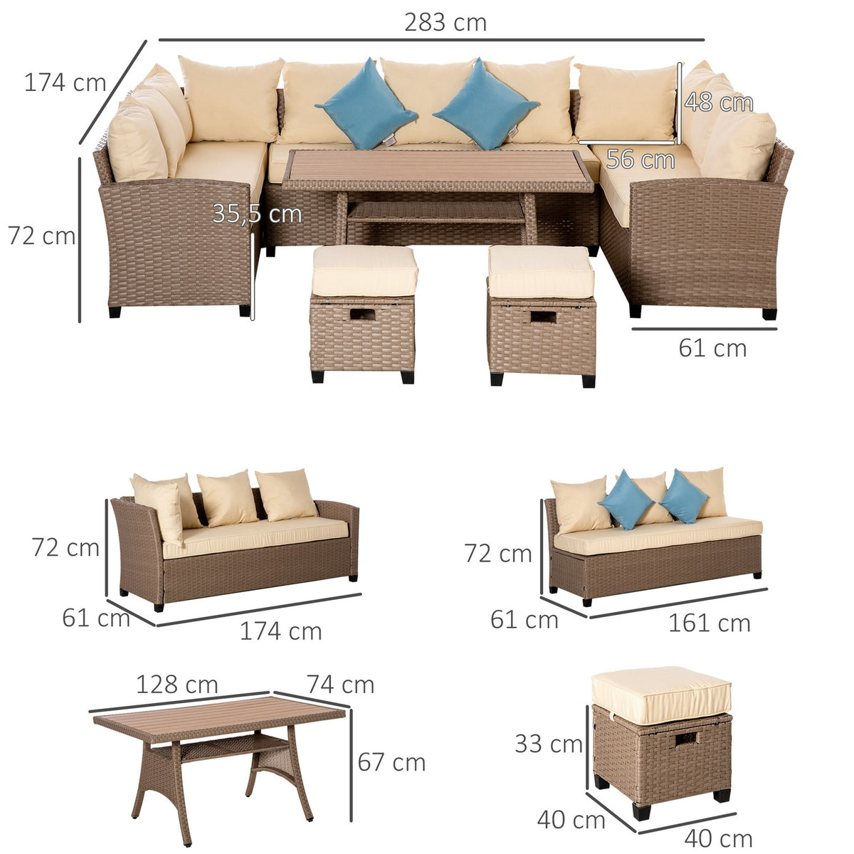 Cushion, Brown+Khaki+Blue