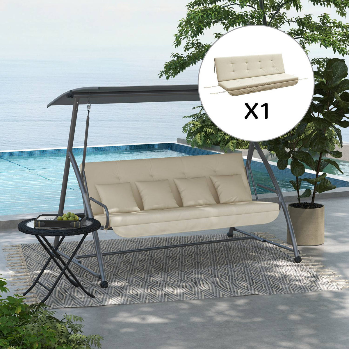 Cushion Set For Hollywood Swing 170 Cm Chair Cushion, Swing Cushion, Seat Cushion, Garden Cushion With Back And Side Cushions, Beige