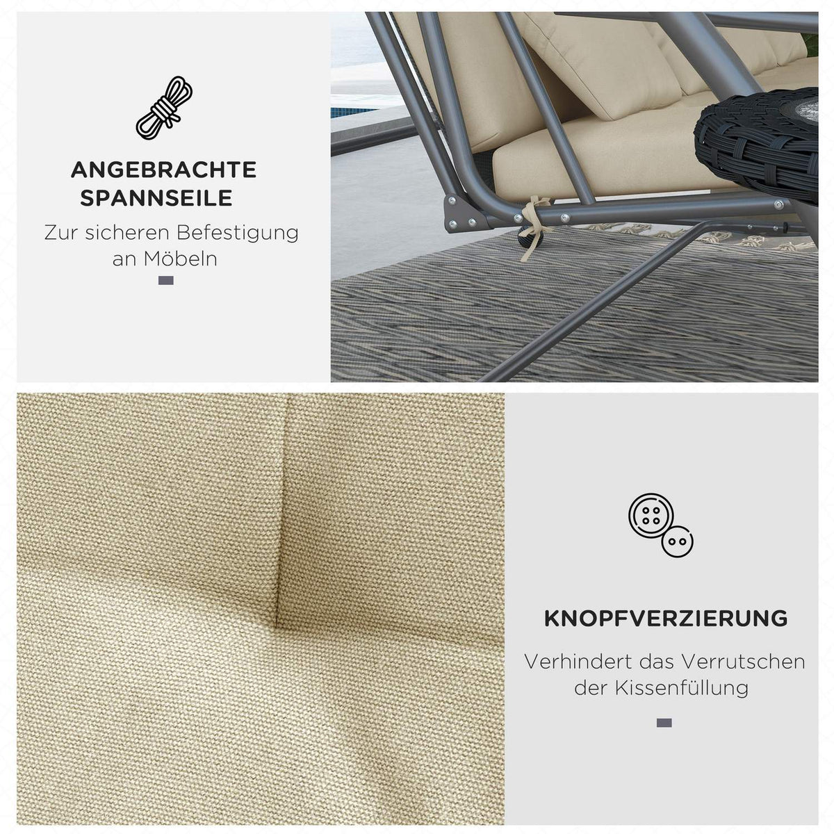 Cushion Set For Hollywood Swing 170 Cm Chair Cushion, Swing Cushion, Seat Cushion, Garden Cushion With Back And Side Cushions, Beige
