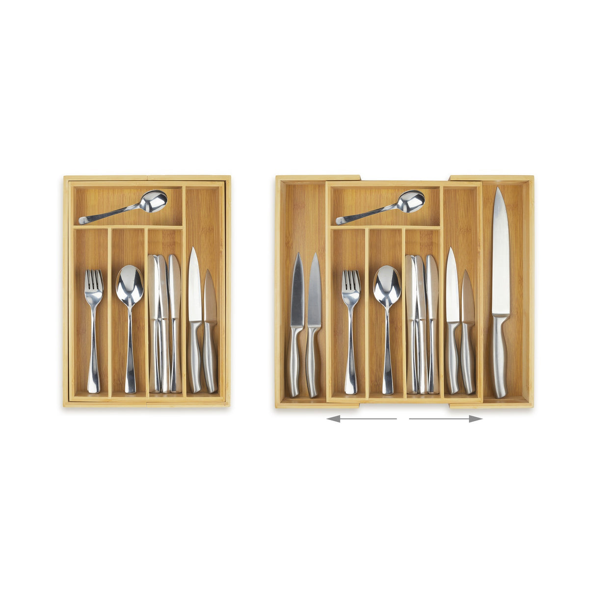 Cutlery Tray for Drawers, Adjustable Bamboo Organizer