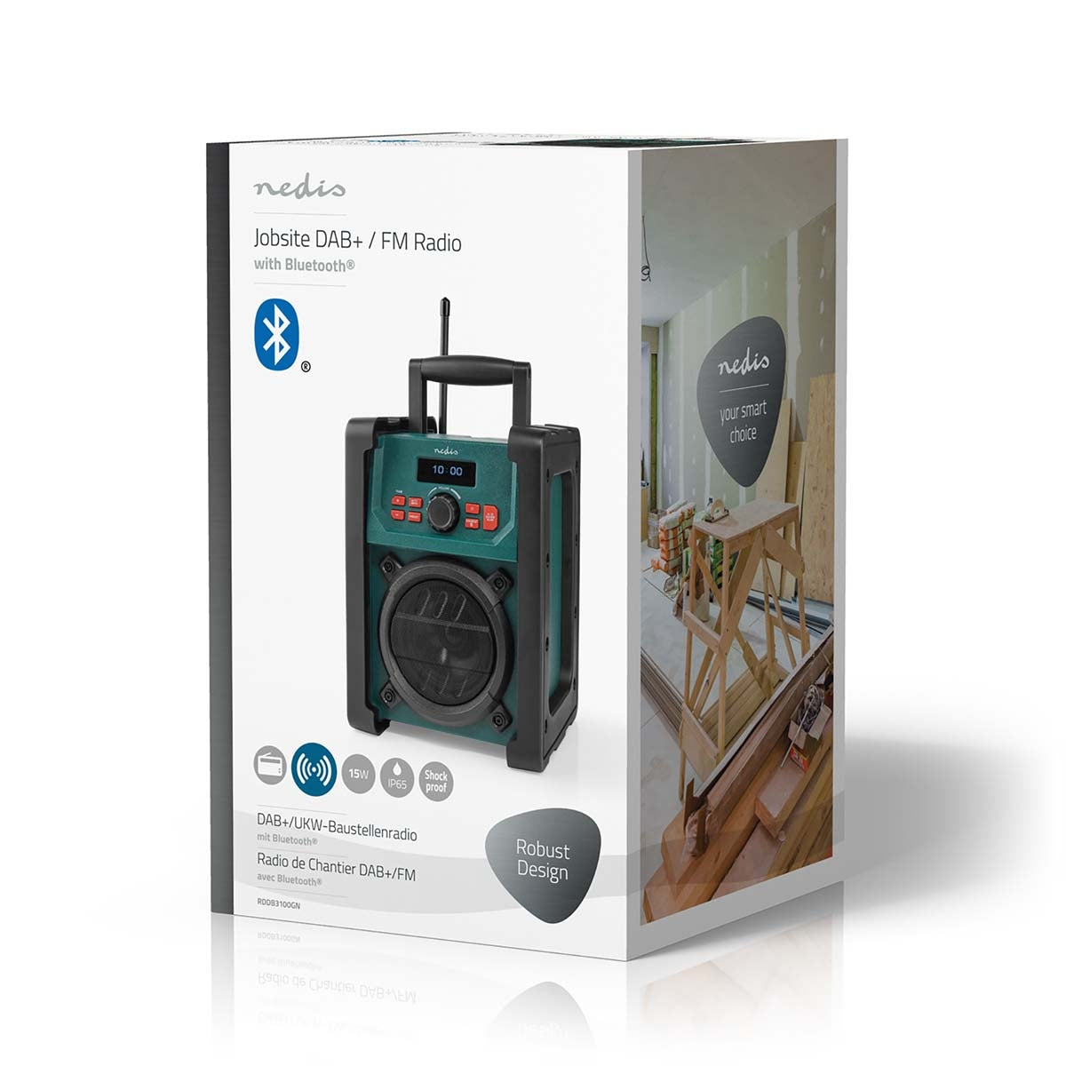 DAB+ Radio | Jobsite Radio | DAB+ / FM | 2.2 " | Black White Screen | Battery Powered / Mains Powered | Digital | 15 W | Bluetooth® | Alarm clock | Sleep timer | IP65 | Carrying handle | Black / Green