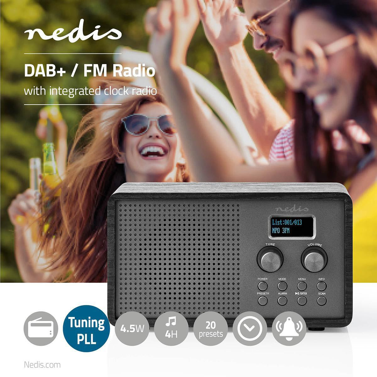 DAB+ Radio | Table Design | DAB+ / FM | 1.3 " | Black White Screen | Battery Powered / USB Power | Digital | 4.5 W | Bluetooth® | Alarm Clock | Sleep Timer | Black