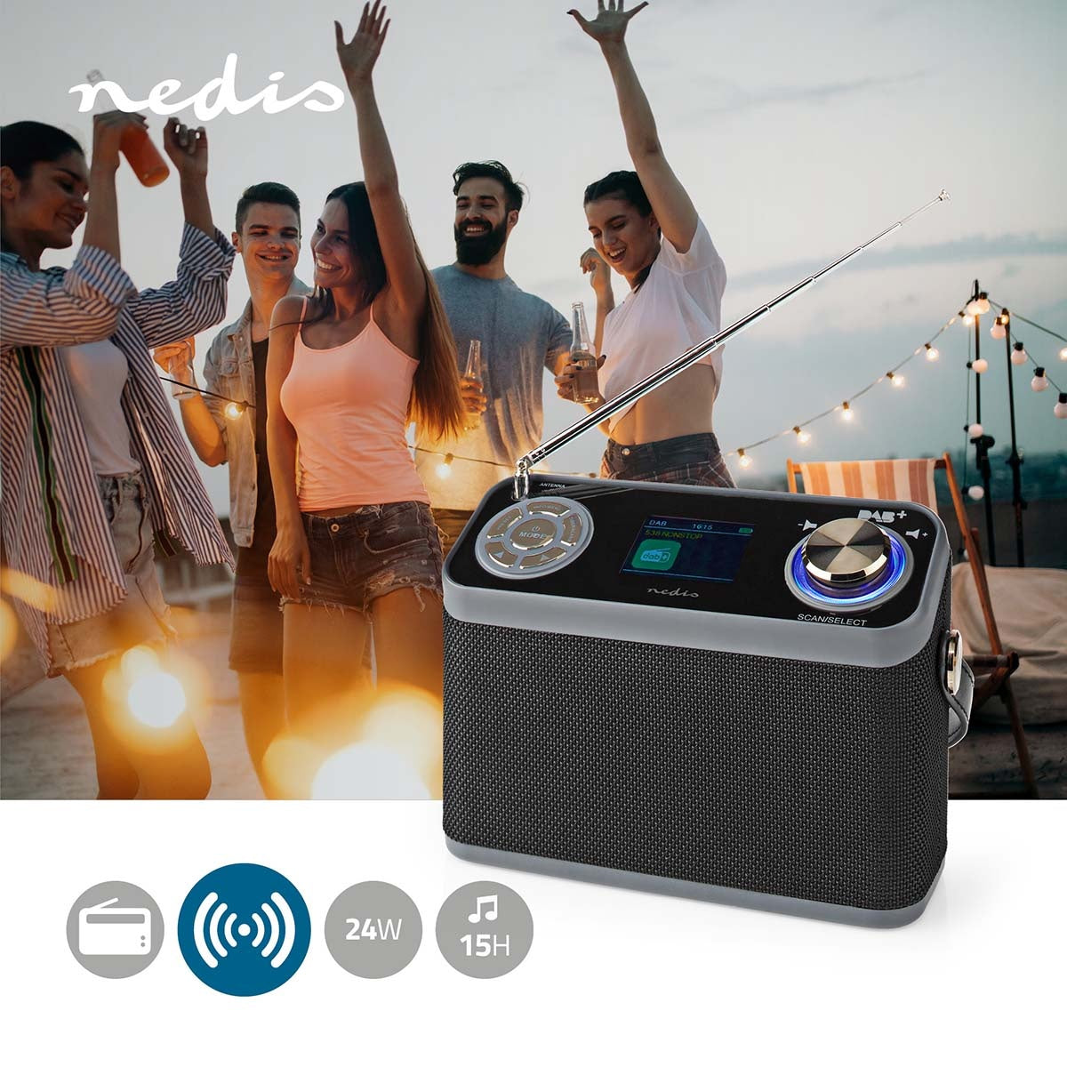 DAB+ Radio | Table Design | DAB+ / FM | 2.4 " | Color screen | Battery powered / Power adapter | Digital | 24 W | Bluetooth® | Headphone jack | Alarm clock | Sleep timer | Carrying handle | Black