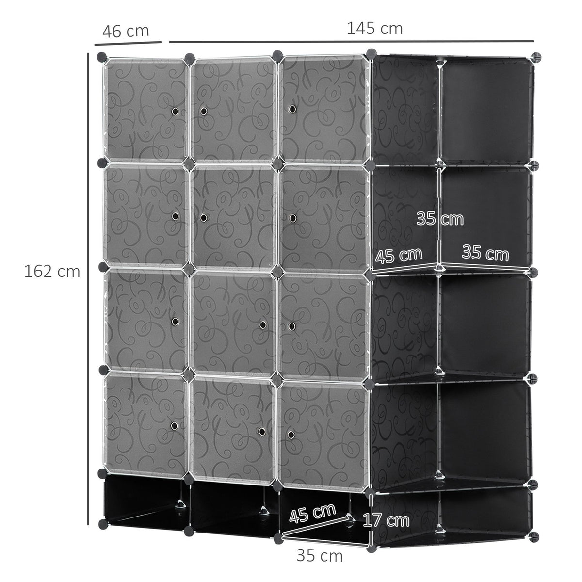 DIY Wardrobe Shelving System with 16 Compartments and 2 Rods DIY Cube Shelf Storage Rack for Clothes Shoes Black 145 x 46 x 162 cm
