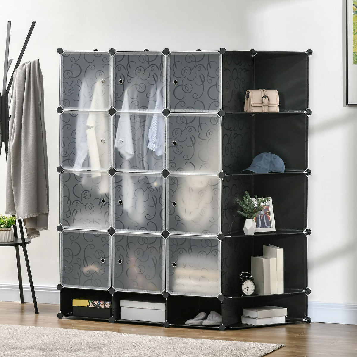 DIY Wardrobe Shelving System with 16 Compartments and 2 Rods DIY Cube Shelf Storage Rack for Clothes Shoes Black 145 x 46 x 162 cm