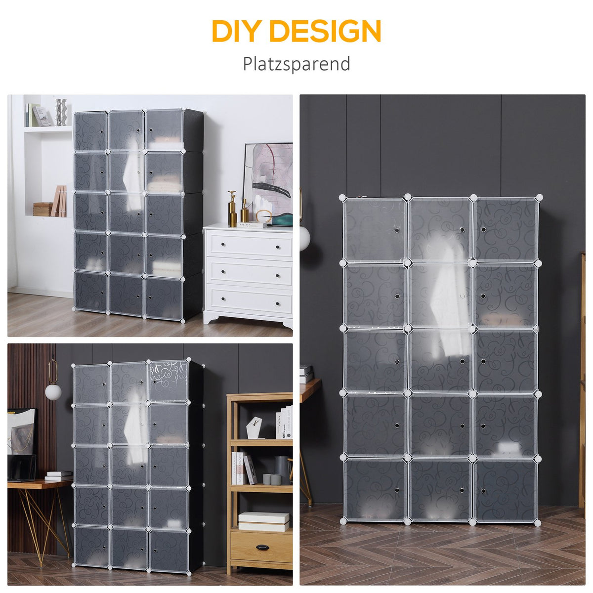 DIY Wardrobe Shelving System with 2 Large and 9 Small Cubes DIY Cube Shelf, Shoe Rack, Storage Rack for Books Toys Black 111 x 47 x 183 cm