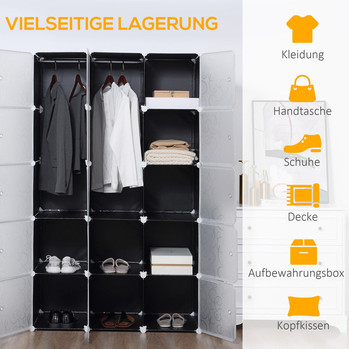 DIY Wardrobe Shelving System with 2 Large and 9 Small Cubes DIY Cube Shelf, Shoe Rack, Storage Rack for Books Toys Black 111 x 47 x 183 cm