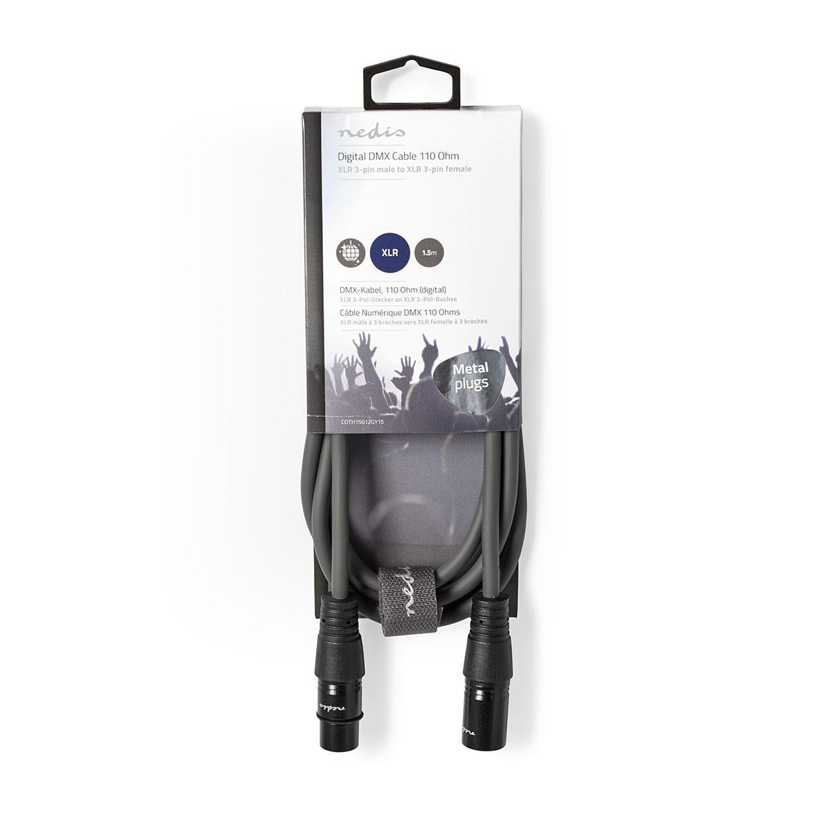 DMX adapter cable | XLR 3-pin male | XLR 3-pin female | Nickel Plated | 1.50 m | Round | PVC | Dark gray | Cardboard sleeve