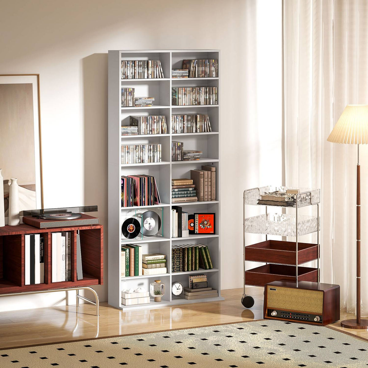 DVD shelf, CD storage rack, 14 adjustable shelves, 18 compartments, 175 cm, Blu-ray shelf, chipboard, white