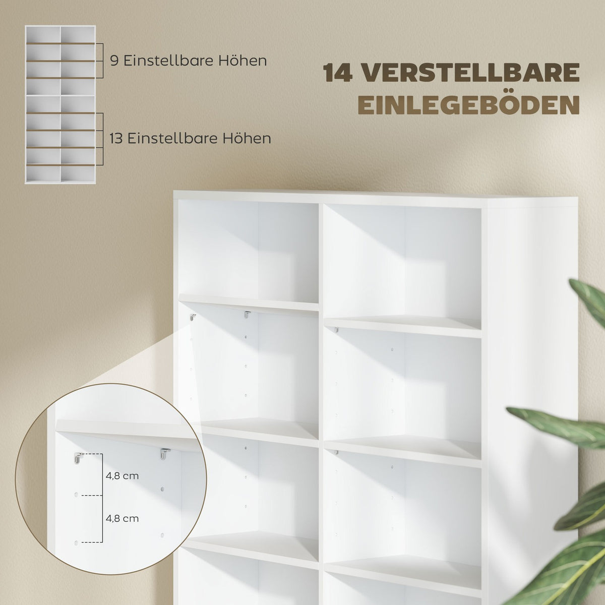 DVD shelf, CD storage rack, 14 adjustable shelves, 18 compartments, 175 cm, Blu-ray shelf, chipboard, white