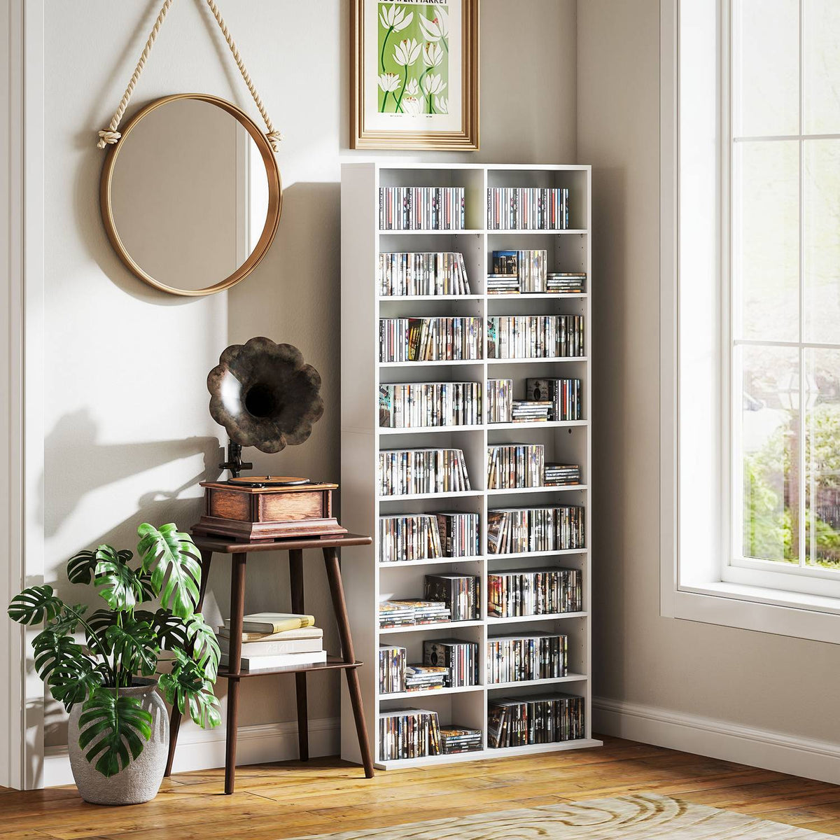 DVD shelf, CD storage rack, 14 adjustable shelves, 18 compartments, 175 cm, Blu-ray shelf, chipboard, white