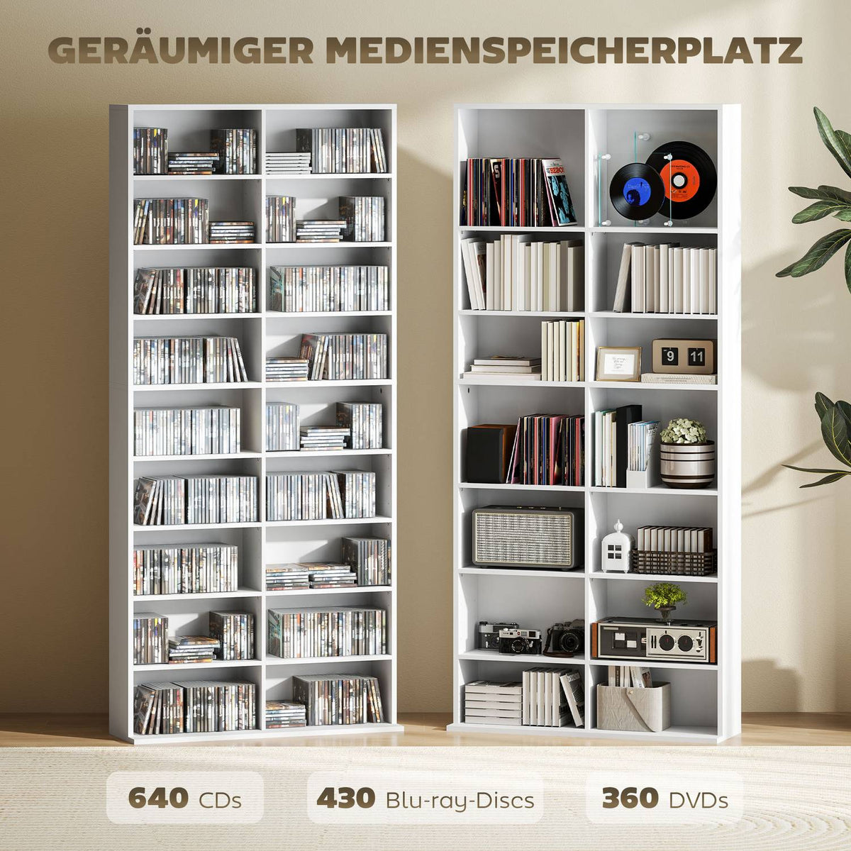 DVD shelf, CD storage rack, 14 adjustable shelves, 18 compartments, 175 cm, Blu-ray shelf, chipboard, white