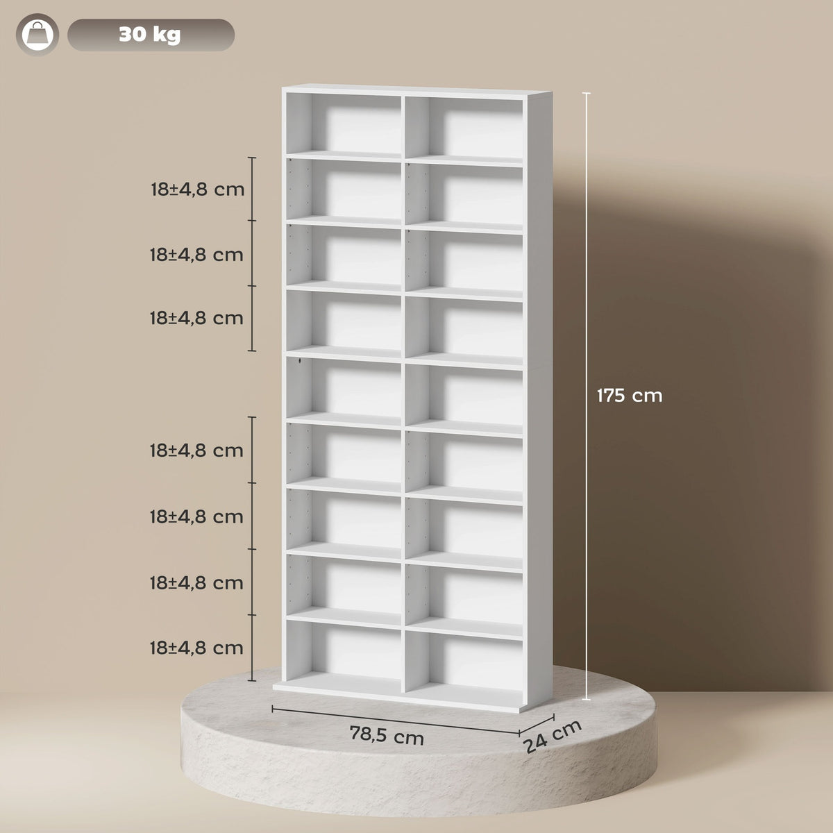 DVD shelf, CD storage rack, 14 adjustable shelves, 18 compartments, 175 cm, Blu-ray shelf, chipboard, white