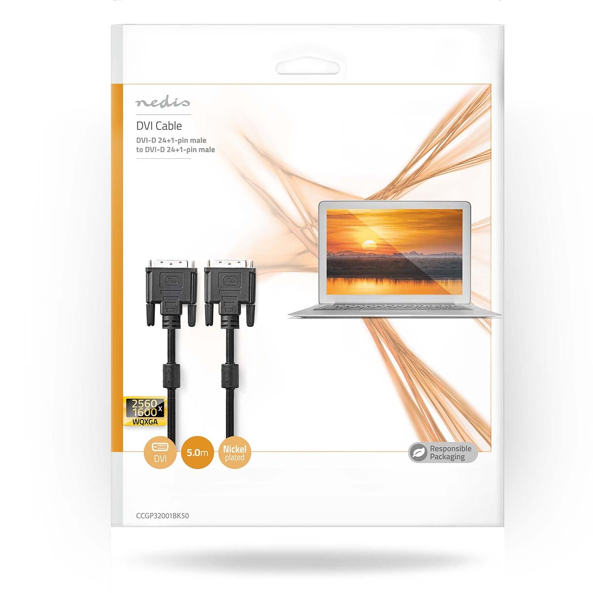 DVI cable | DVI-D 24+1-Pin Male | DVI-D 24+1-Pin Male | 2560x1600 | Nickel Plated | 5.00 m | Straight | PVC | Black | Plastic bag