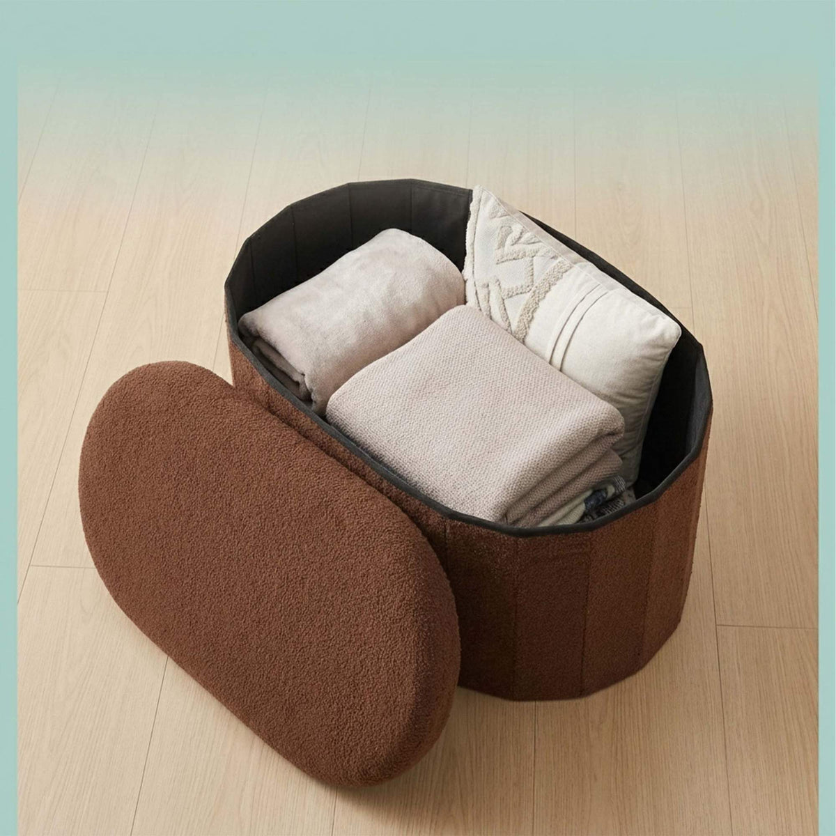 Dark Brown Teddy Fabric Storage Bench, Oval Shape
