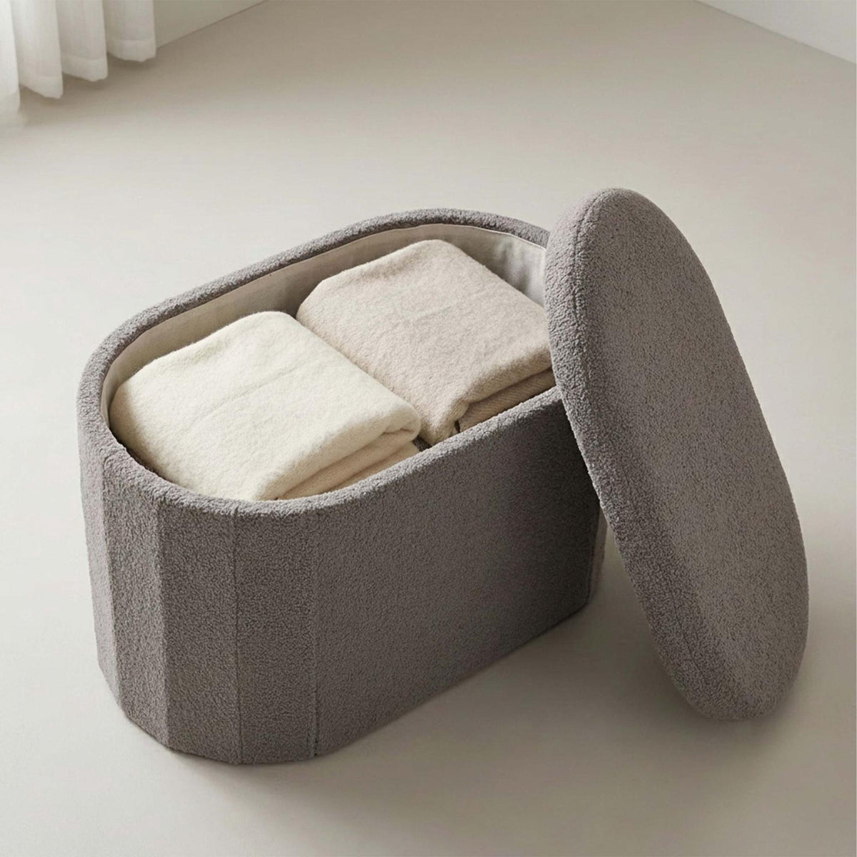 Dark Gray Teddy Fabric Storage Bench, Oval Shape