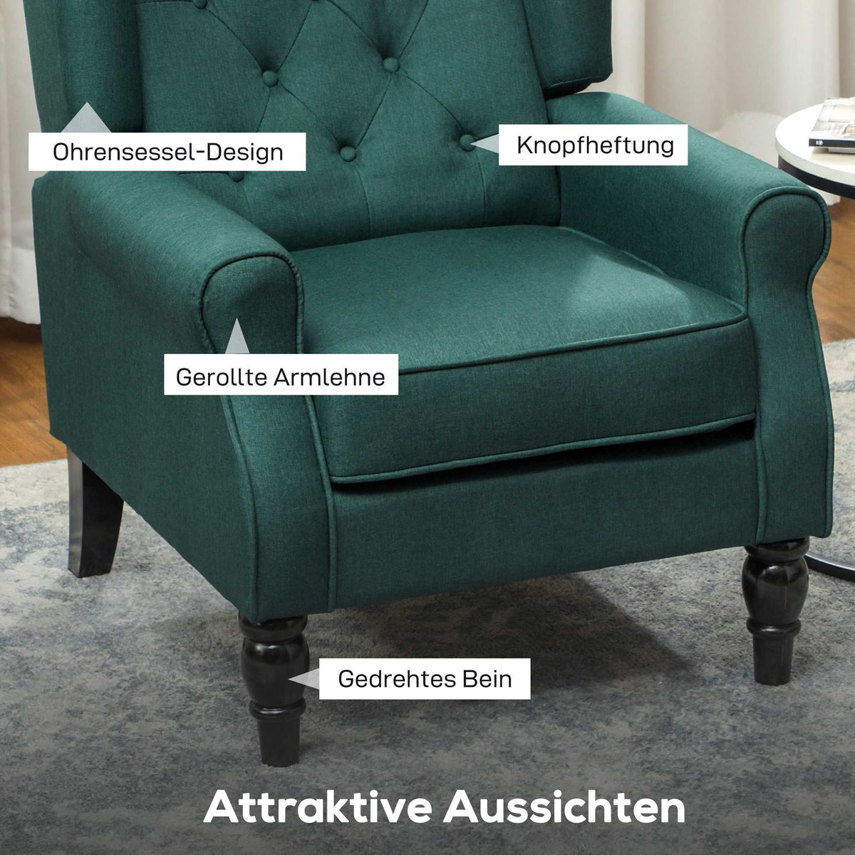 Dark Green Wingback Chair with Foam Cushions, Wood Frame
