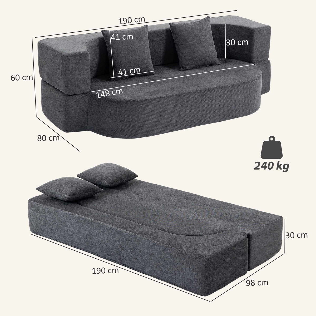 Dark Grey Convertible Sofa Bed – High-Density Foam, Chenille Fabric
