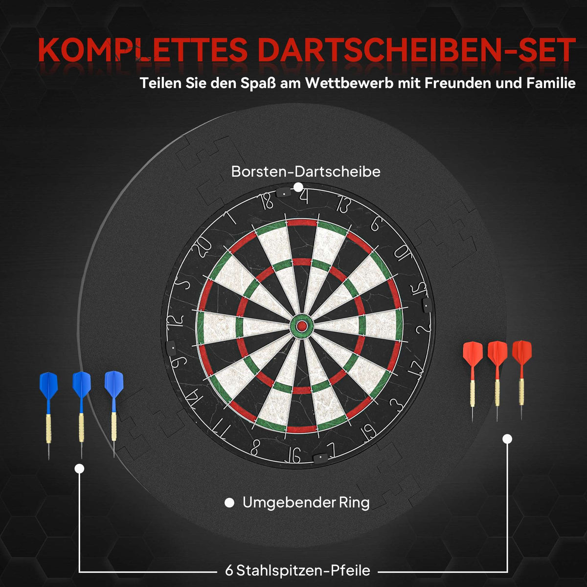 Dartboard Set with Sisal Board, Safety Ring, 6 Steel Darts