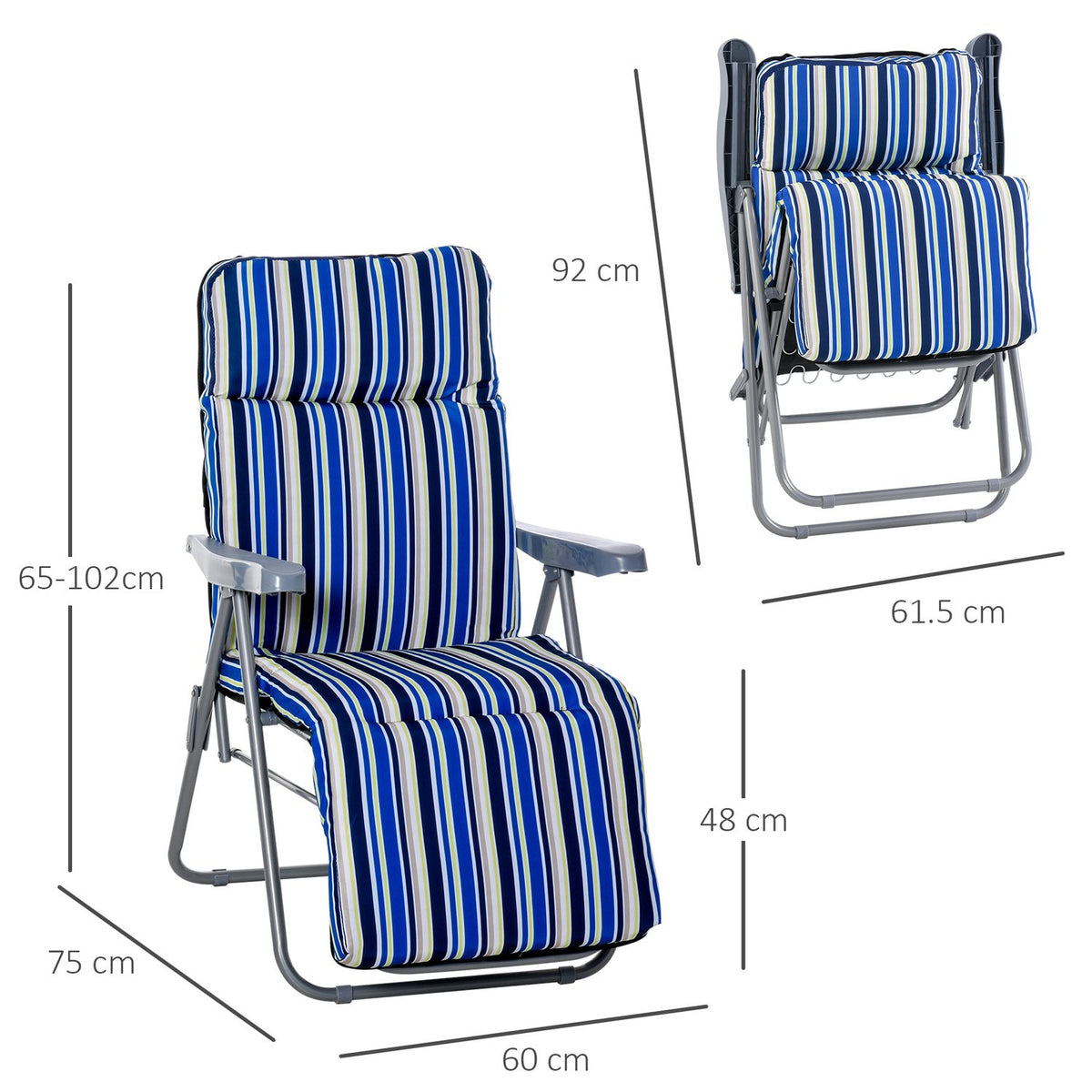 Deck Chair Set Of 2 Sun Loungers With Cushions, Foldable, Adjustable Backrest, Steel + Polyester, Blue, 60X75X65-102Cm
