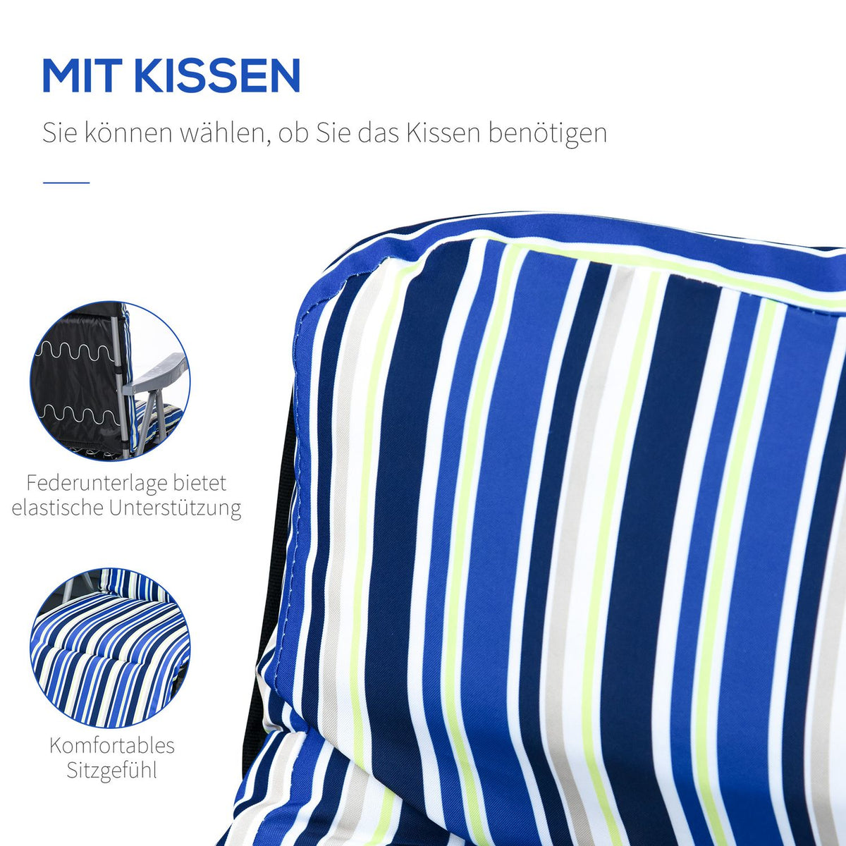 Deck Chair Set Of 2 Sun Loungers With Cushions, Foldable, Adjustable Backrest, Steel + Polyester, Blue, 60X75X65-102Cm