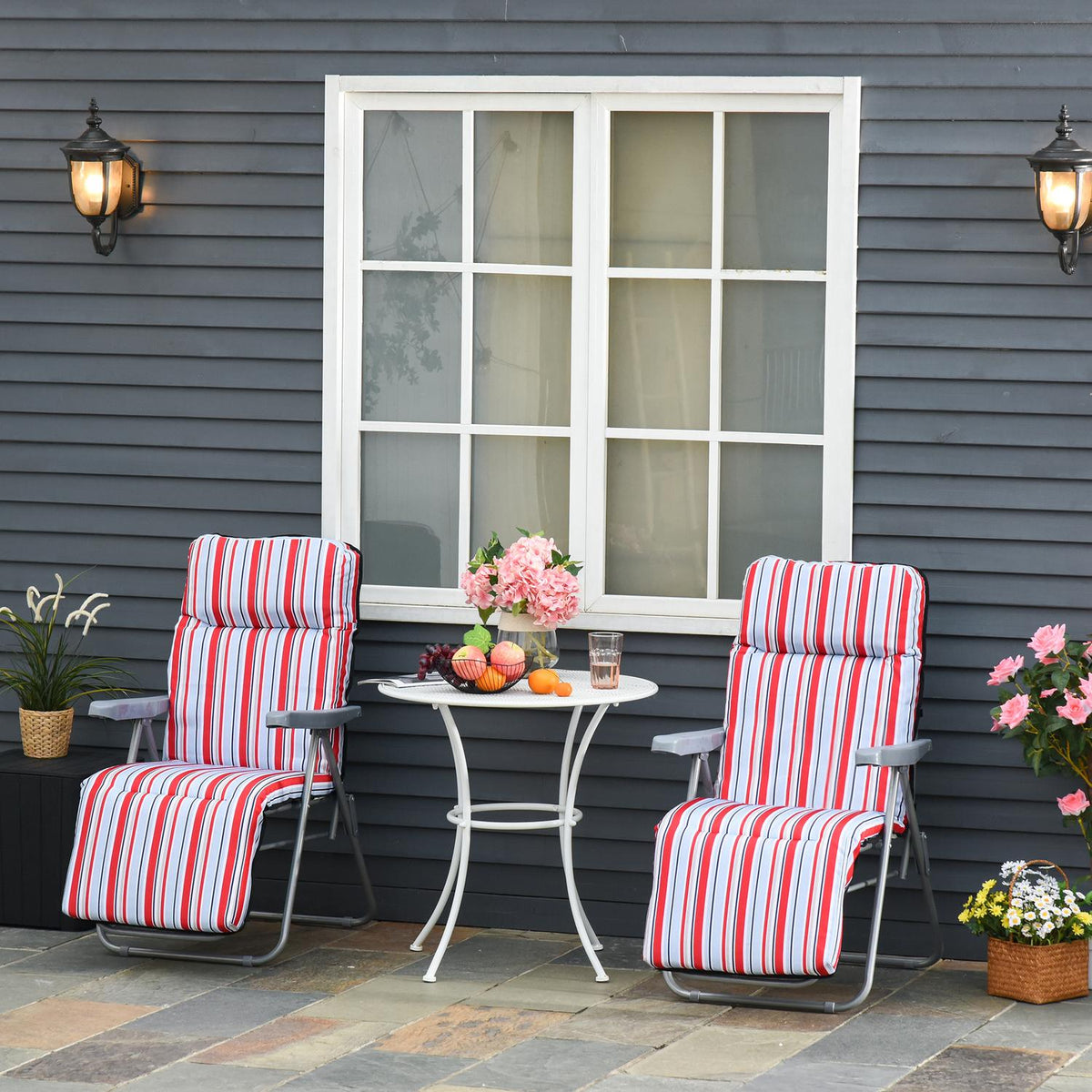 Deck Chair Sun Lounger Garden Lounger Garden Furniture Set Of 2 With Cushions Foldable Adjustable Backrest Steel + Polyester Red 60 X 75 X 65-102 Cm