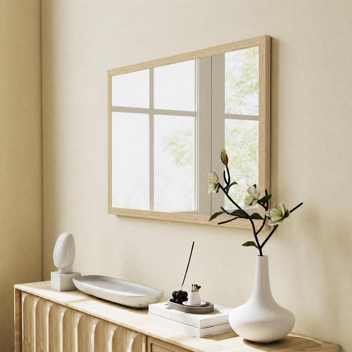 Decorative Wall Mirror, 40x60 cm, Natural MDF Frame