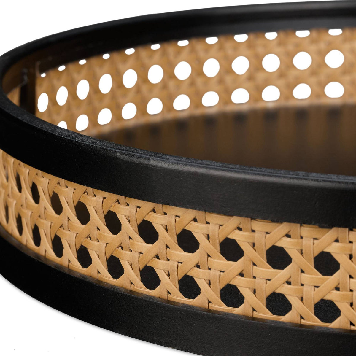 Decorative Wooden Tray with Rattan Edge – Black