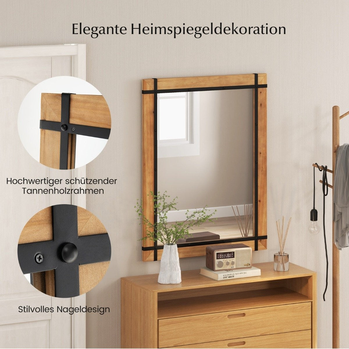 Decorative hanging wall mirror farmhouse style wall mounted mirror 77 x 99.5 cm natural
