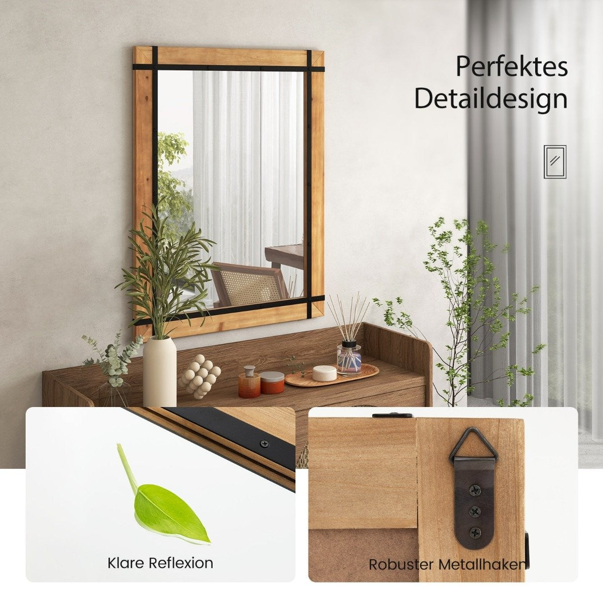 Decorative hanging wall mirror farmhouse style wall mounted mirror 77 x 99.5 cm natural