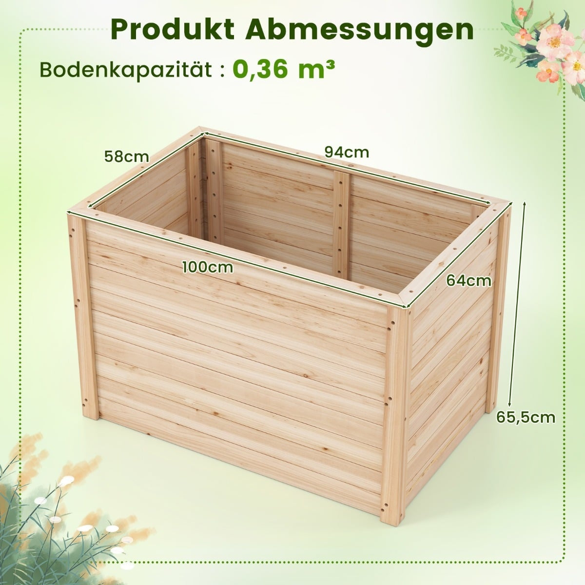Deep Raised Garden Bed with Open Base, 100x64x65.5 cm